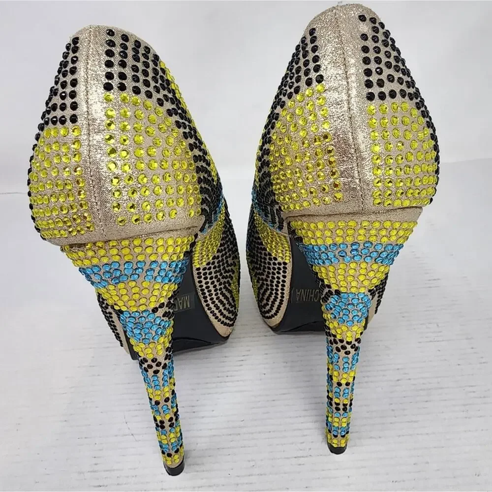 Machi Estina Rhinestine Stilettos Platform Heels Yellow‎ Black Blue Party Sz 5.5